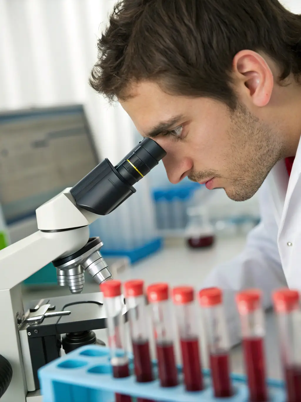 A medical professional carefully examines a blood sample under a microscope, representing the diagnostic services for celiac disease at Cardio Care & Celic Care.